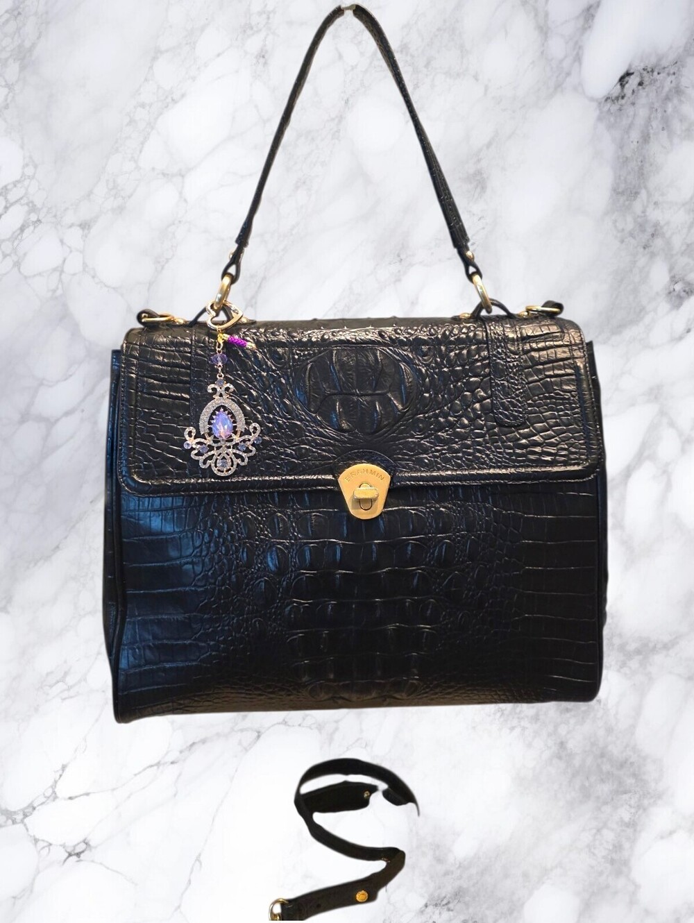 Brahmin Melbourne Black Croc Embossed Leather Satchel Shoulder Crossbody Bag